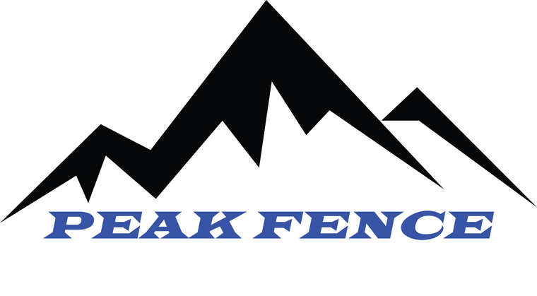 Peak fence logo written in blue with picture of black mountain behind the words